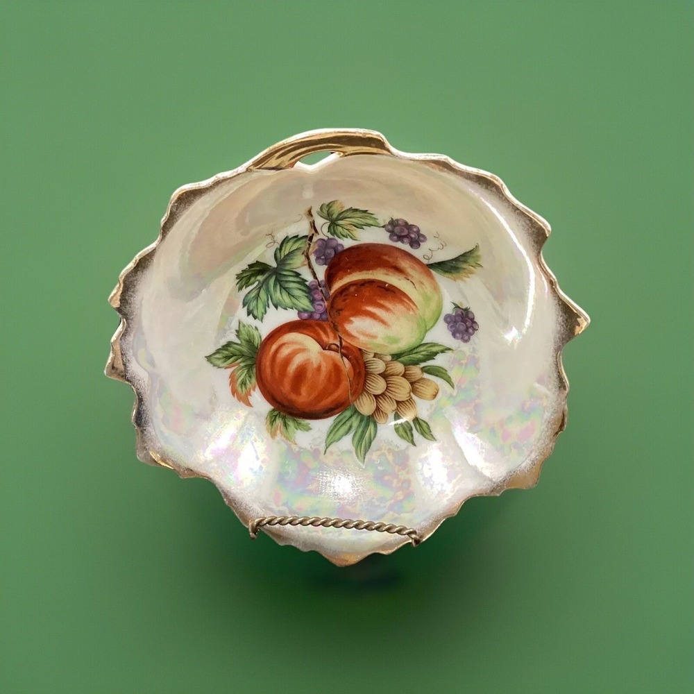 Vintage Japan Lusterware Porcelain Nut Bowl Iridescent Fruit Peach Gold Trim